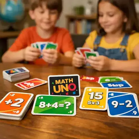 Kids smiling playing Math UNO